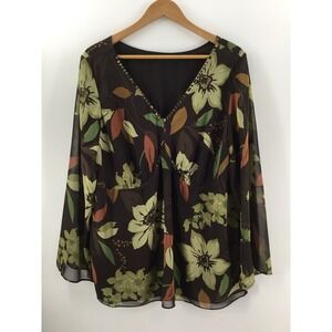 Judith Hart ? Plus Size 1X Pullover Lined Green Brown Floral Beaded Chiffon DD39